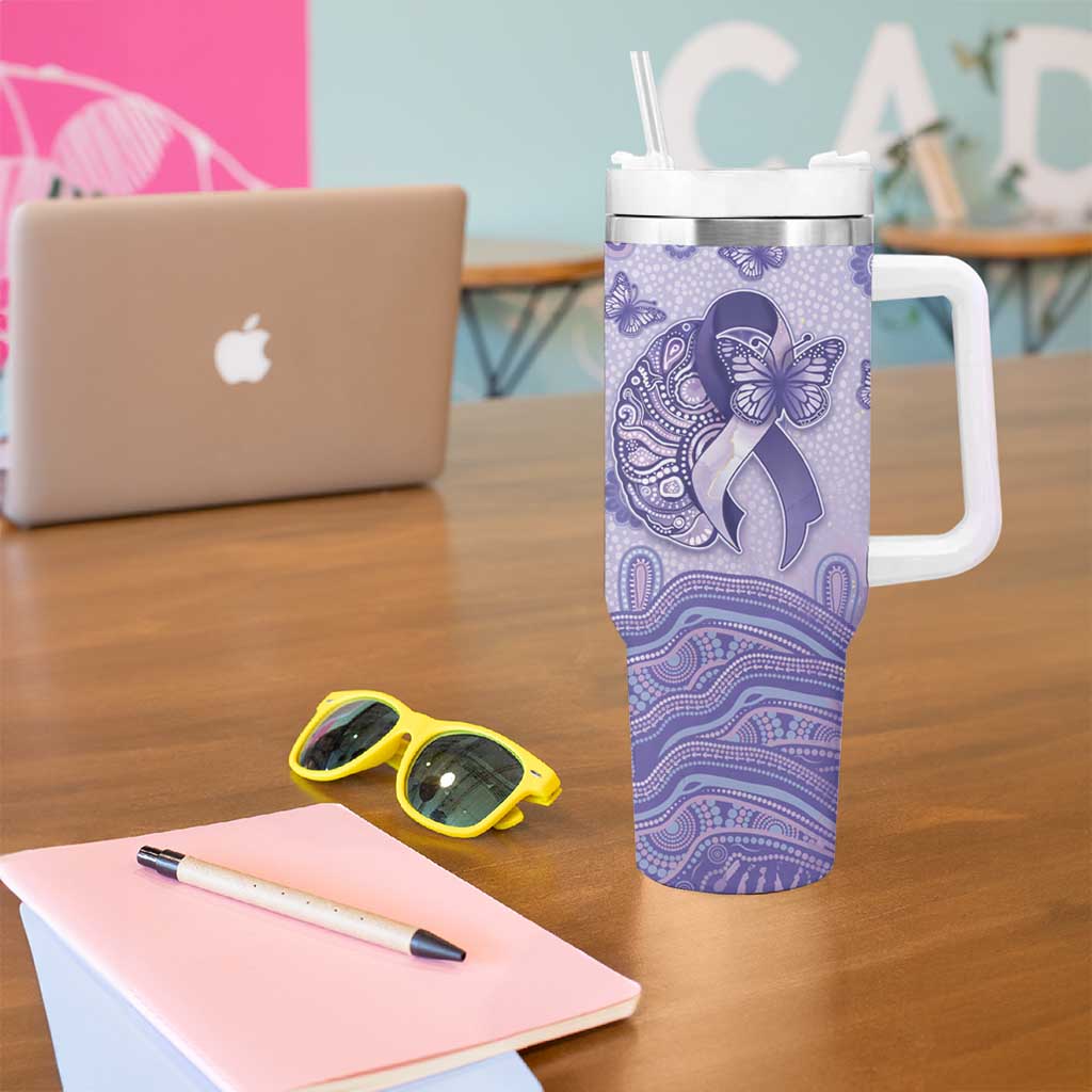 Personalised Epilepsy Awareness Tumbler With Handle Purple Ribbon Butterfly And Brain Aboriginal Art
