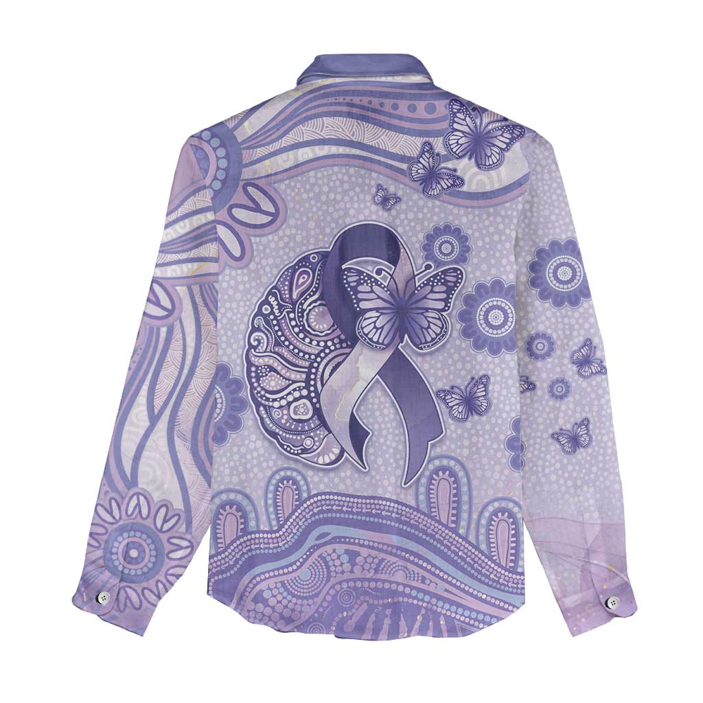 Personalised Epilepsy Awareness Women Casual Shirt Purple Ribbon Butterfly And Brain Aboriginal Art