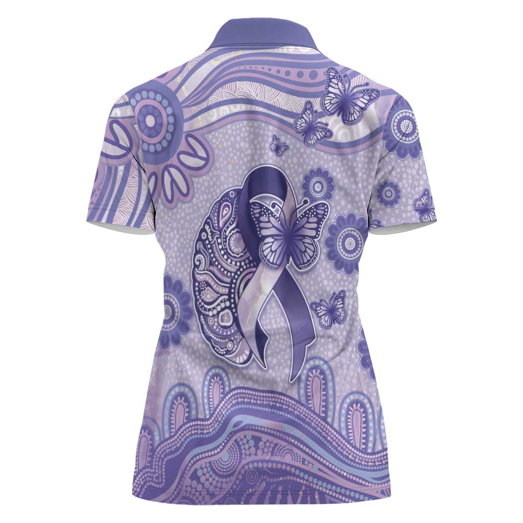 Personalised Epilepsy Awareness Women Polo Shirt Purple Ribbon Butterfly And Brain Aboriginal Art