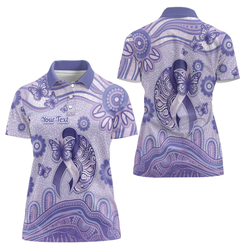 Personalised Epilepsy Awareness Women Polo Shirt Purple Ribbon Butterfly And Brain Aboriginal Art