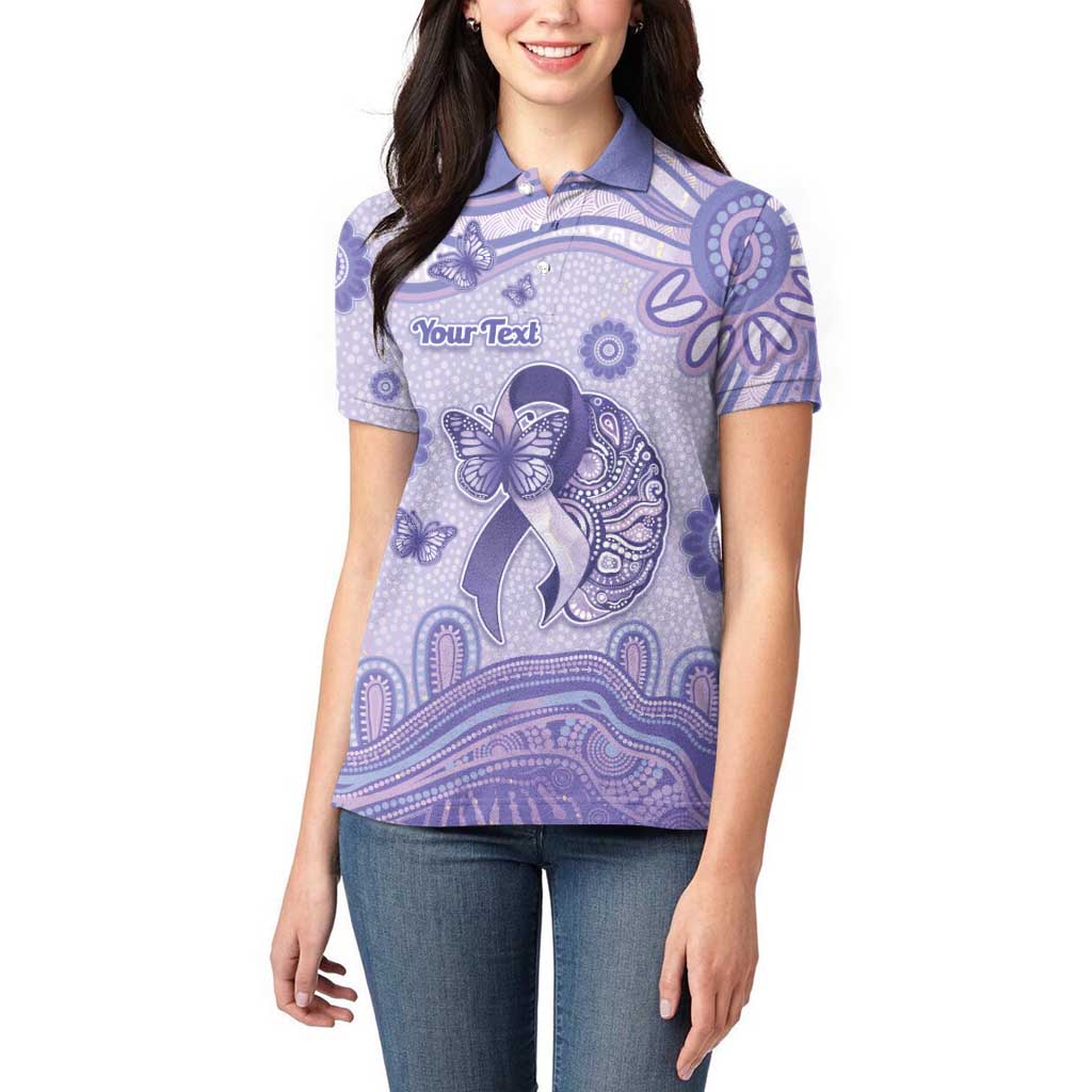 Personalised Epilepsy Awareness Women Polo Shirt Purple Ribbon Butterfly And Brain Aboriginal Art