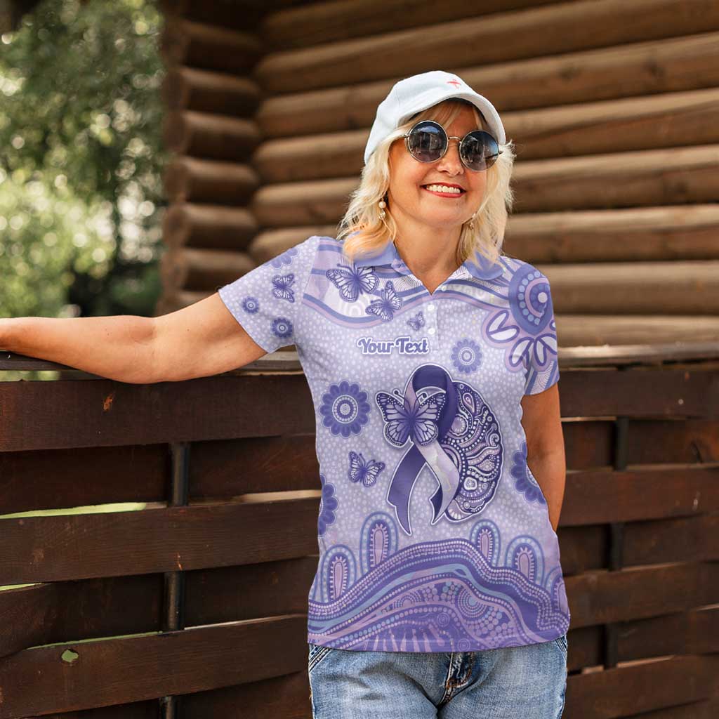 Personalised Epilepsy Awareness Women Polo Shirt Purple Ribbon Butterfly And Brain Aboriginal Art