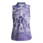 Personalised Epilepsy Awareness Women Sleeveless Polo Shirt Purple Ribbon Butterfly And Brain Aboriginal Art