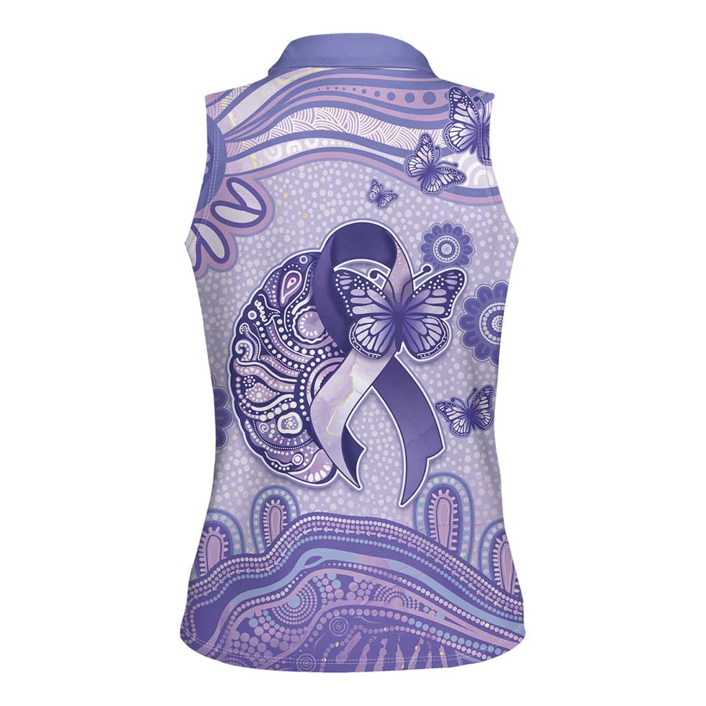 Personalised Epilepsy Awareness Women Sleeveless Polo Shirt Purple Ribbon Butterfly And Brain Aboriginal Art