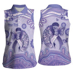 Personalised Epilepsy Awareness Women Sleeveless Polo Shirt Purple Ribbon Butterfly And Brain Aboriginal Art