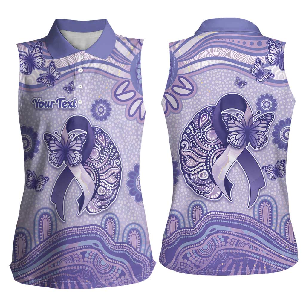 Personalised Epilepsy Awareness Women Sleeveless Polo Shirt Purple Ribbon Butterfly And Brain Aboriginal Art