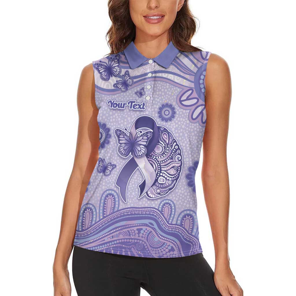 Personalised Epilepsy Awareness Women Sleeveless Polo Shirt Purple Ribbon Butterfly And Brain Aboriginal Art