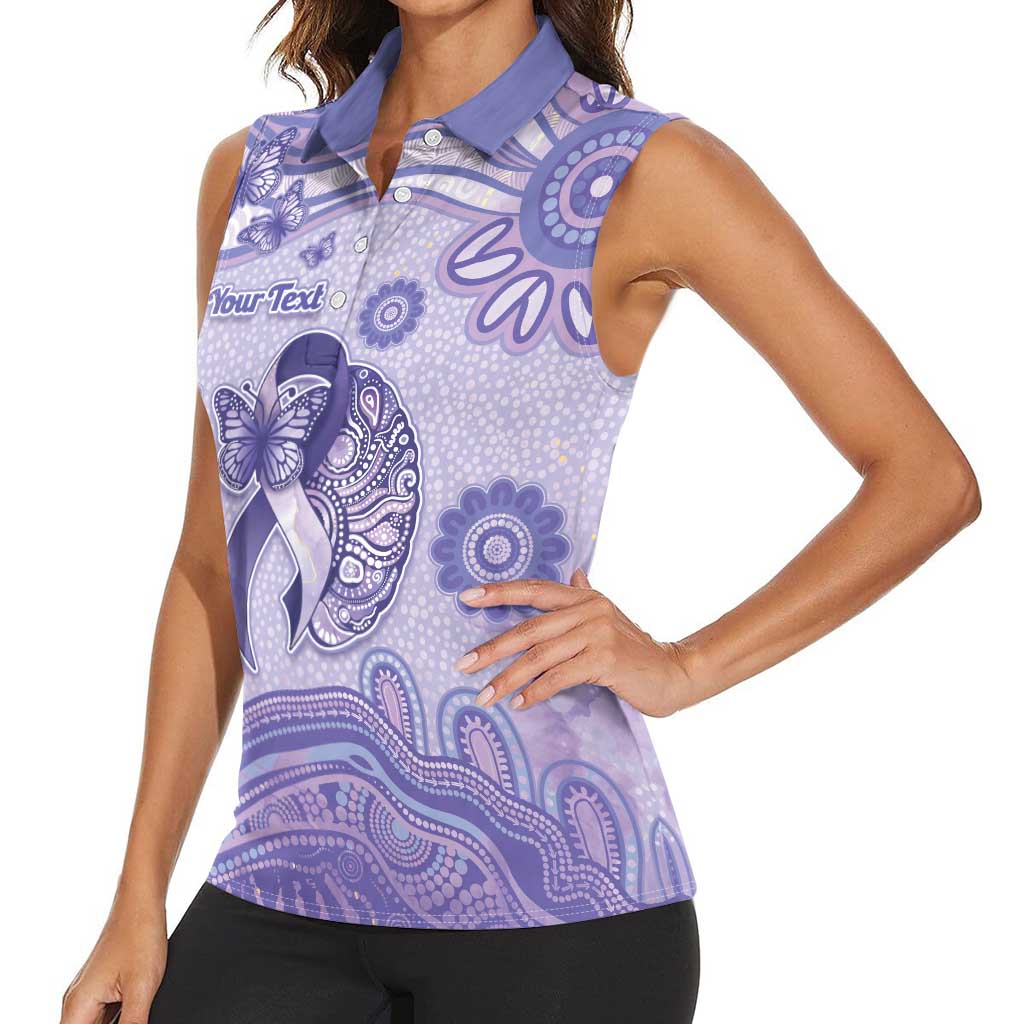Personalised Epilepsy Awareness Women Sleeveless Polo Shirt Purple Ribbon Butterfly And Brain Aboriginal Art