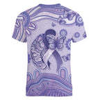 Personalised Epilepsy Awareness Women V-Neck T-Shirt Purple Ribbon Butterfly And Brain Aboriginal Art