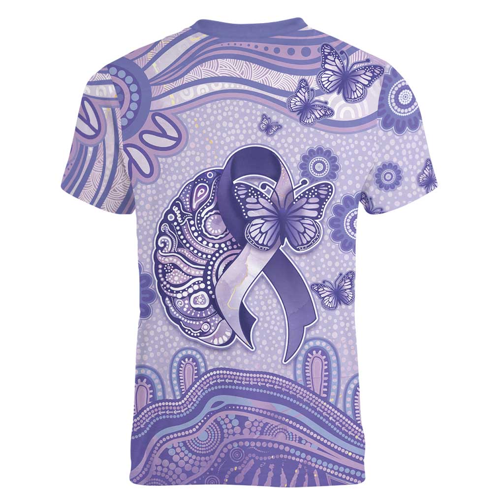 Personalised Epilepsy Awareness Women V-Neck T-Shirt Purple Ribbon Butterfly And Brain Aboriginal Art