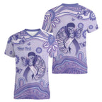 Personalised Epilepsy Awareness Women V-Neck T-Shirt Purple Ribbon Butterfly And Brain Aboriginal Art