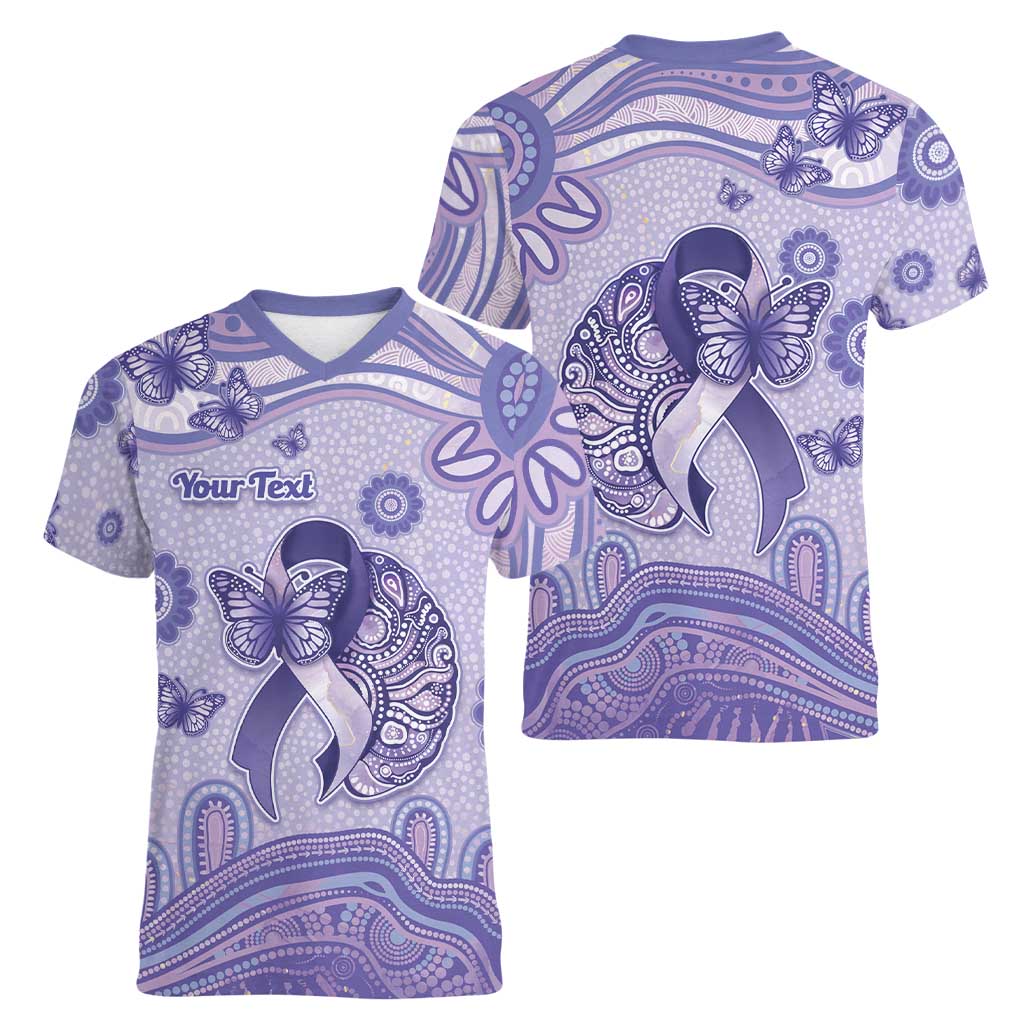 Personalised Epilepsy Awareness Women V-Neck T-Shirt Purple Ribbon Butterfly And Brain Aboriginal Art