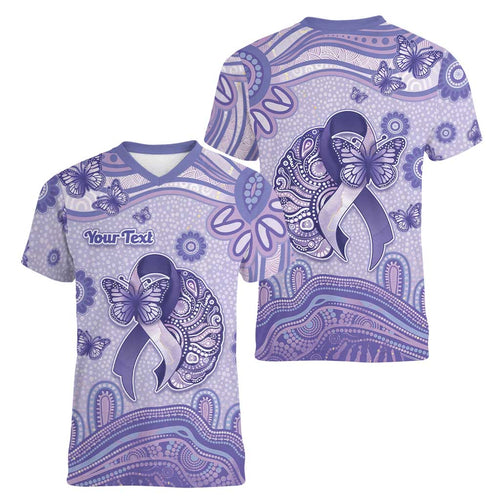 Personalised Epilepsy Awareness Women V-Neck T-Shirt Purple Ribbon Butterfly And Brain Aboriginal Art