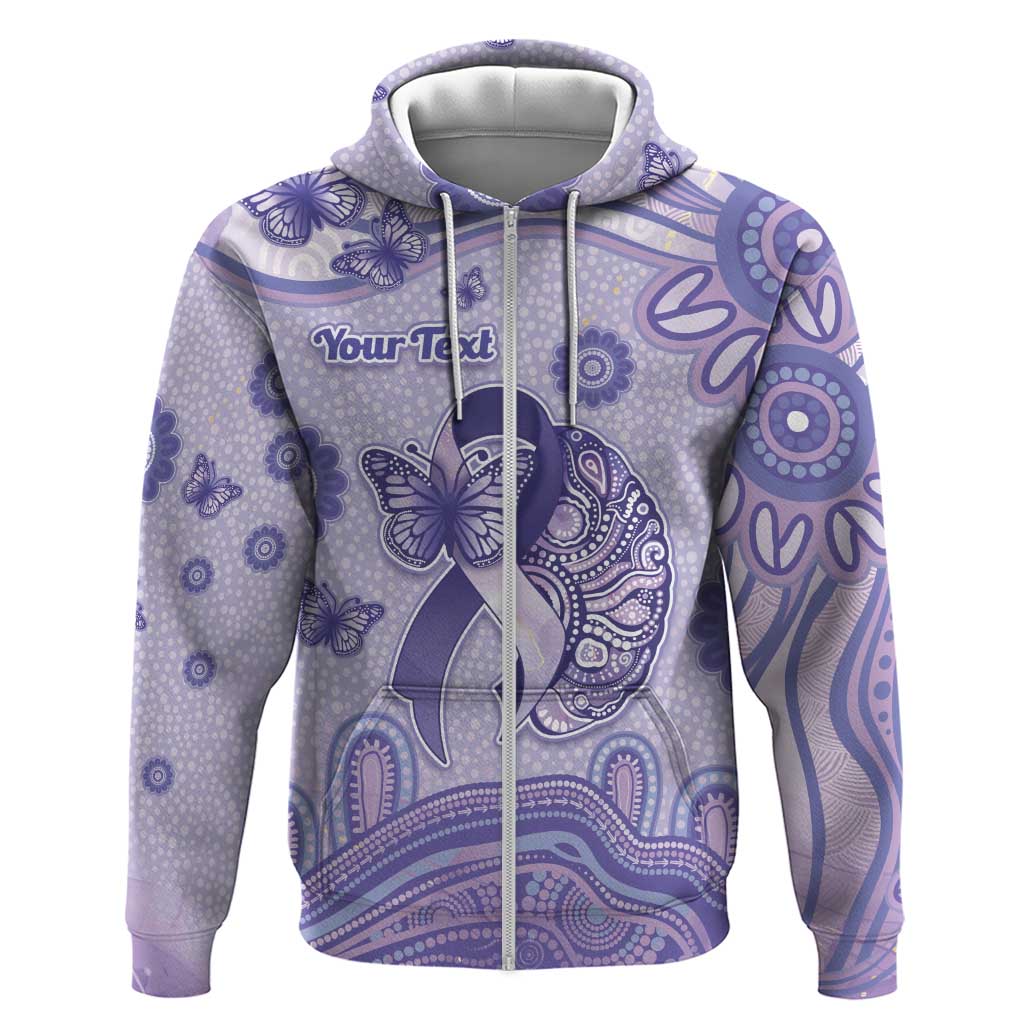 Personalised Epilepsy Awareness Zip Hoodie Purple Ribbon Butterfly And Brain Aboriginal Art