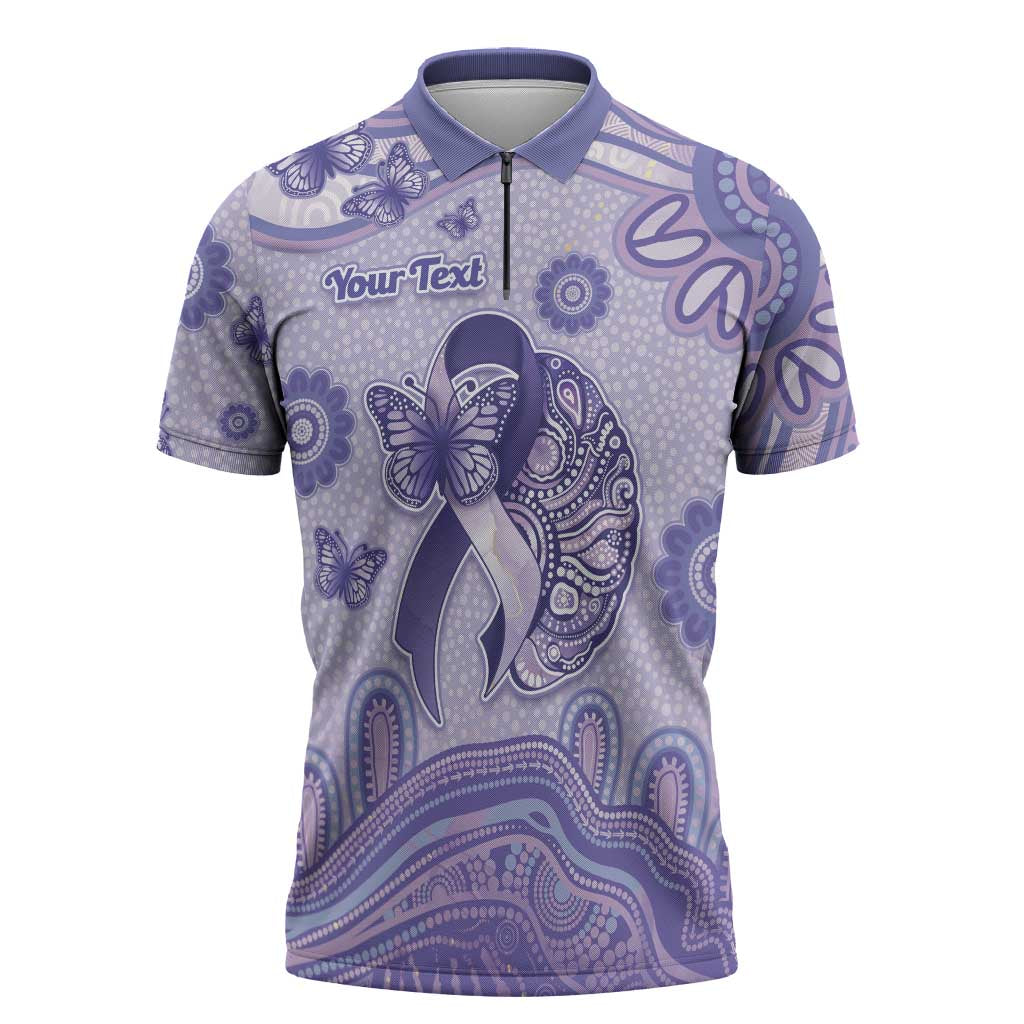 Personalised Epilepsy Awareness Zipper Polo Shirt Purple Ribbon Butterfly And Brain Aboriginal Art