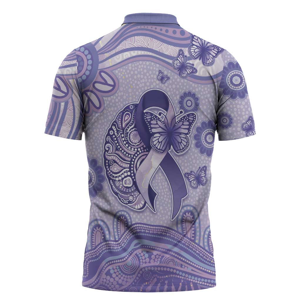 Personalised Epilepsy Awareness Zipper Polo Shirt Purple Ribbon Butterfly And Brain Aboriginal Art