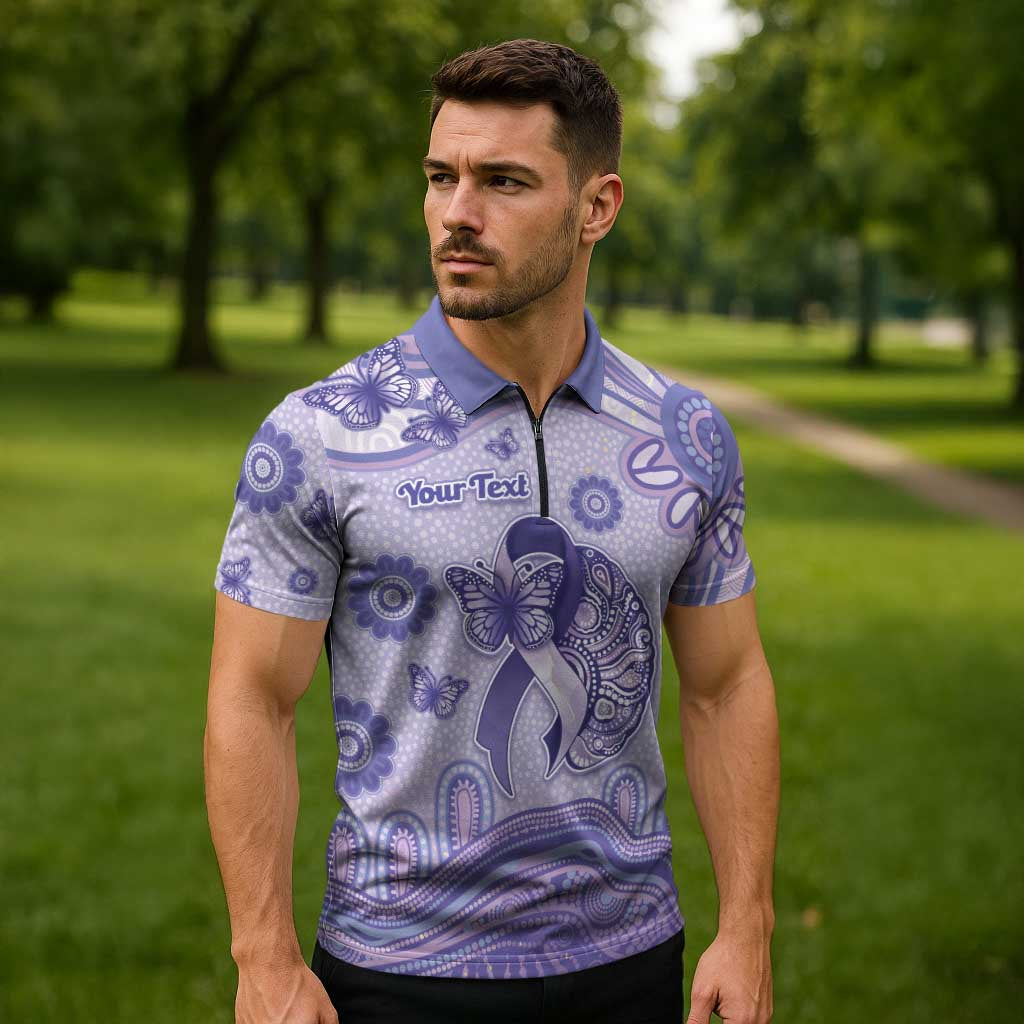 Personalised Epilepsy Awareness Zipper Polo Shirt Purple Ribbon Butterfly And Brain Aboriginal Art