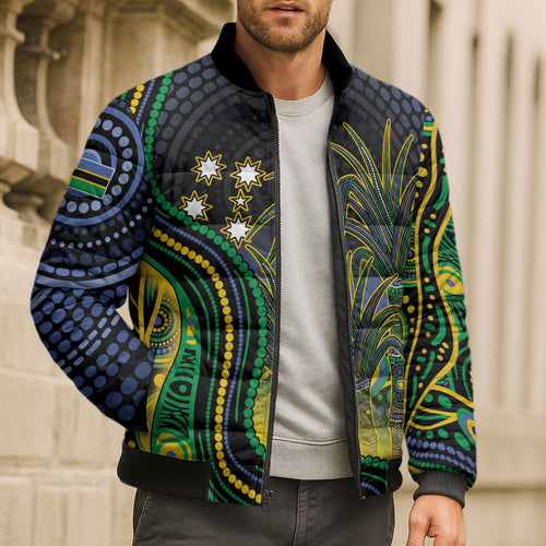 Australian South Sea Islanders National Recognition Day Bomber Puffer Jacket Southern Cross Aboriginal Dot Art Sugarcane