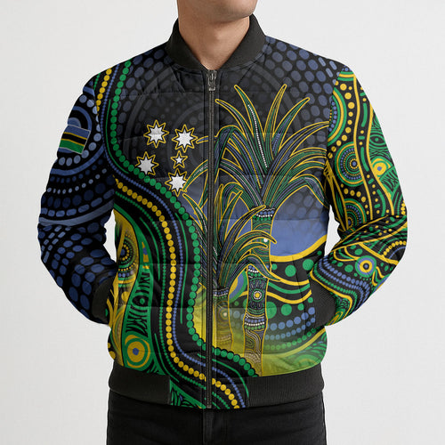 Australian South Sea Islanders National Recognition Day Bomber Puffer Jacket Southern Cross Aboriginal Dot Art Sugarcane