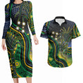 Australian South Sea Islanders National Recognition Day Couples Matching Long Sleeve Bodycon Dress and Hawaiian Shirt Southern Cross Aboriginal Dot Art Sugarcane