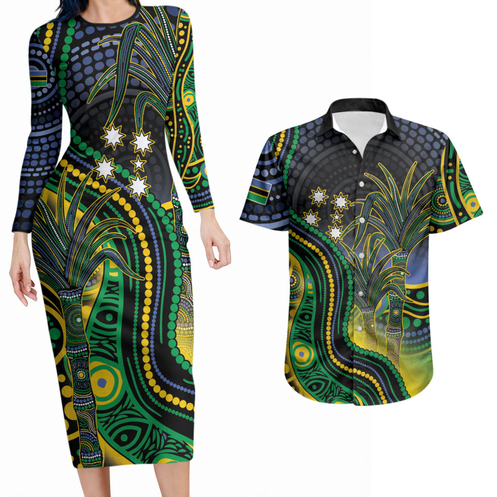 Australian South Sea Islanders National Recognition Day Couples Matching Long Sleeve Bodycon Dress and Hawaiian Shirt Southern Cross Aboriginal Dot Art Sugarcane
