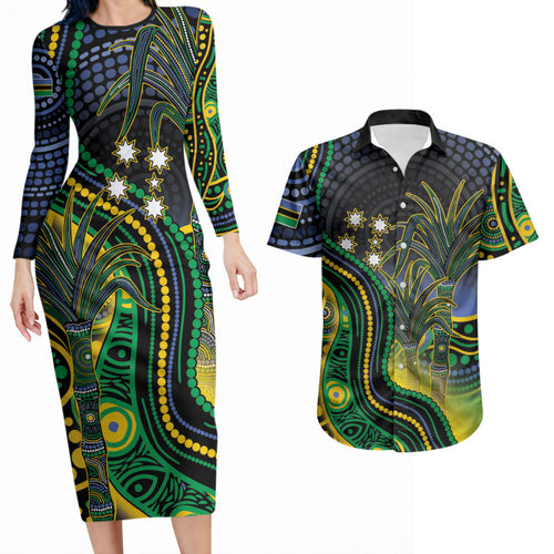 Australian South Sea Islander National Recognition Day Couples Matching Long Sleeve Bodycon Dress and Hawaiian Shirt Southern Cross Aboriginal Dot Art Sugarcane