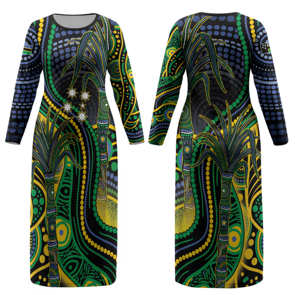 Australian South Sea Islanders National Recognition Day Couples Matching Long Sleeve Bodycon Dress and Hawaiian Shirt Southern Cross Aboriginal Dot Art Sugarcane