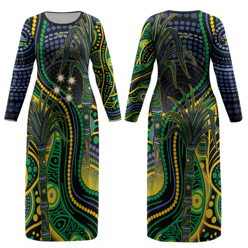 Australian South Sea Islander National Recognition Day Couples Matching Long Sleeve Bodycon Dress and Hawaiian Shirt Southern Cross Aboriginal Dot Art Sugarcane