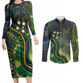 Australian South Sea Islanders National Recognition Day Couples Matching Long Sleeve Bodycon Dress and Long Sleeve Button Shirt Southern Cross Aboriginal Dot Art Sugarcane