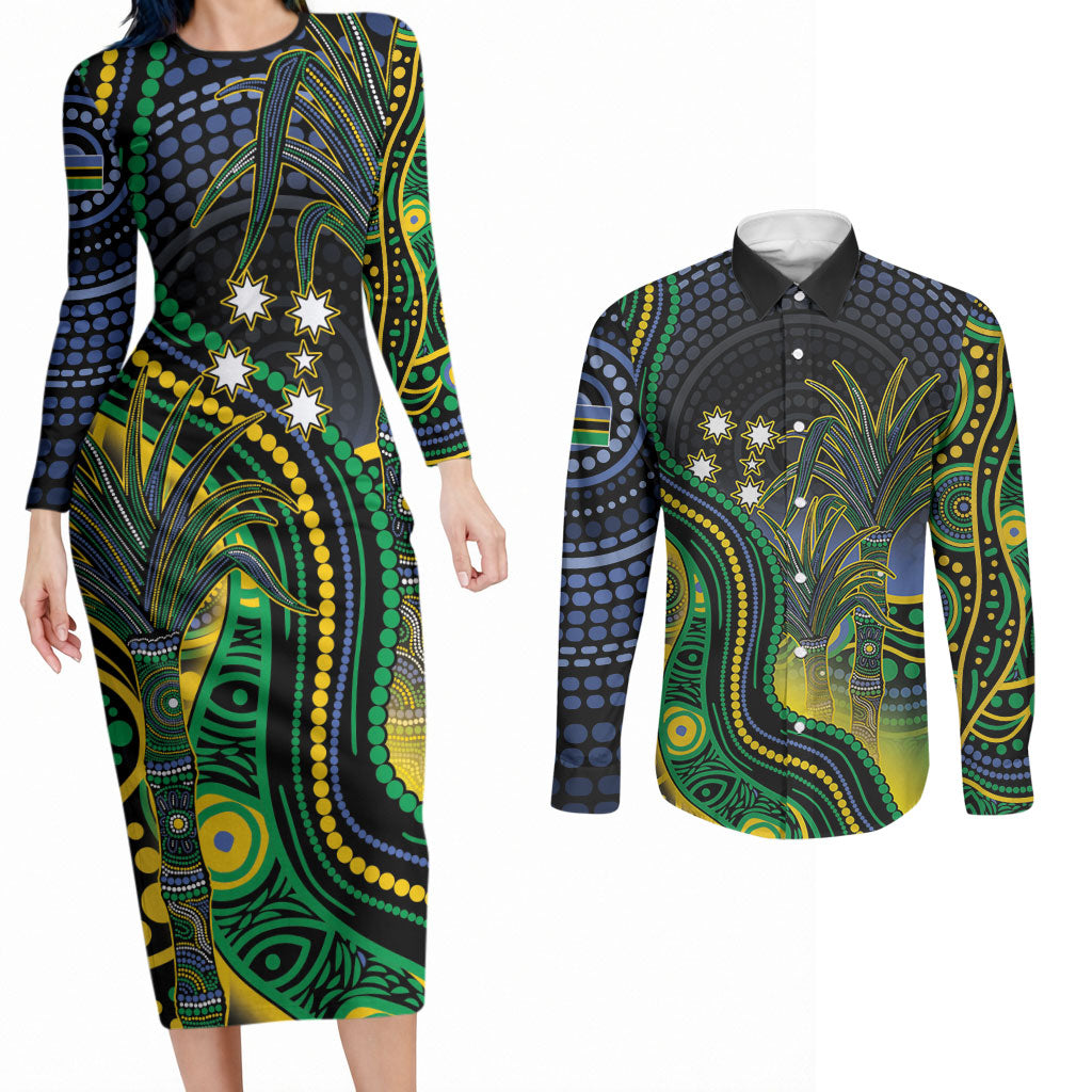 Australian South Sea Islanders National Recognition Day Couples Matching Long Sleeve Bodycon Dress and Long Sleeve Button Shirt Southern Cross Aboriginal Dot Art Sugarcane