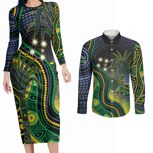 Australian South Sea Islanders National Recognition Day Couples Matching Long Sleeve Bodycon Dress and Long Sleeve Button Shirt Southern Cross Aboriginal Dot Art Sugarcane