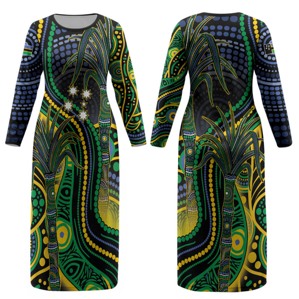 Australian South Sea Islanders National Recognition Day Couples Matching Long Sleeve Bodycon Dress and Long Sleeve Button Shirt Southern Cross Aboriginal Dot Art Sugarcane