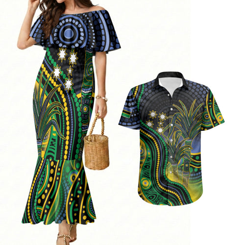 Australian South Sea Islander National Recognition Day Couples Matching Mermaid Dress and Hawaiian Shirt Southern Cross Aboriginal Dot Art Sugarcane