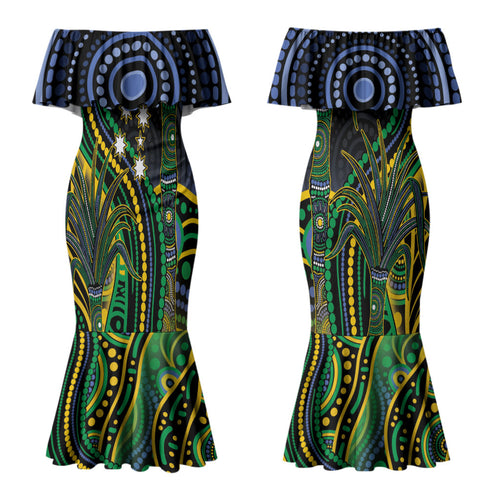 Australian South Sea Islander National Recognition Day Couples Matching Mermaid Dress and Hawaiian Shirt Southern Cross Aboriginal Dot Art Sugarcane