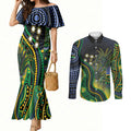 Australian South Sea Islander National Recognition Day Couples Matching Mermaid Dress and Long Sleeve Button Shirt Southern Cross Aboriginal Dot Art Sugarcane