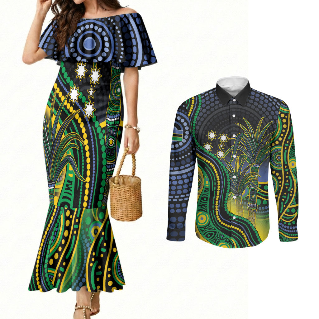 Australian South Sea Islander National Recognition Day Couples Matching Mermaid Dress and Long Sleeve Button Shirt Southern Cross Aboriginal Dot Art Sugarcane