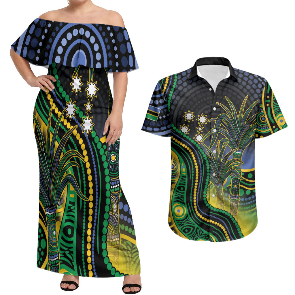 Australian South Sea Islander National Recognition Day Couples Matching Off Shoulder Maxi Dress and Hawaiian Shirt Southern Cross Aboriginal Dot Art Sugarcane
