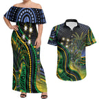 Australian South Sea Islander National Recognition Day Couples Matching Off Shoulder Maxi Dress and Hawaiian Shirt Southern Cross Aboriginal Dot Art Sugarcane