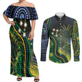 Australian South Sea Islanders National Recognition Day Couples Matching Off Shoulder Maxi Dress and Long Sleeve Button Shirt Southern Cross Aboriginal Dot Art Sugarcane