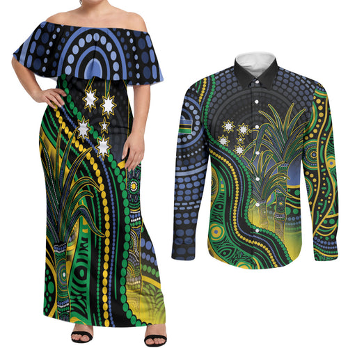 Australian South Sea Islanders National Recognition Day Couples Matching Off Shoulder Maxi Dress and Long Sleeve Button Shirt Southern Cross Aboriginal Dot Art Sugarcane