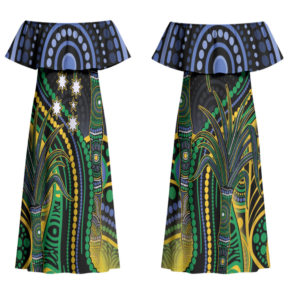 Australian South Sea Islanders National Recognition Day Couples Matching Off Shoulder Maxi Dress and Long Sleeve Button Shirt Southern Cross Aboriginal Dot Art Sugarcane