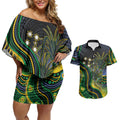 Australian South Sea Islanders National Recognition Day Couples Matching Off Shoulder Short Dress and Hawaiian Shirt Southern Cross Aboriginal Dot Art Sugarcane