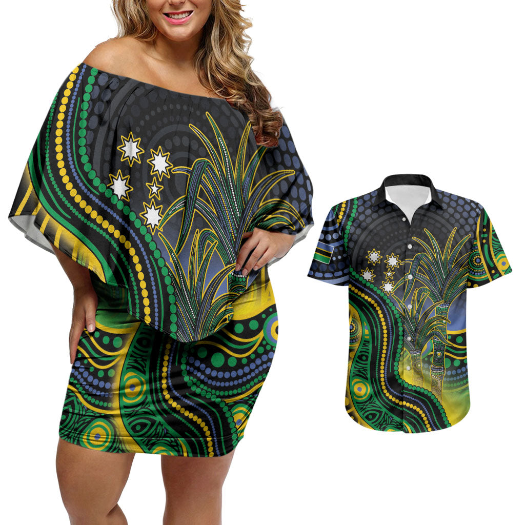 Australian South Sea Islanders National Recognition Day Couples Matching Off Shoulder Short Dress and Hawaiian Shirt Southern Cross Aboriginal Dot Art Sugarcane