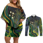 Australian South Sea Islanders National Recognition Day Couples Matching Off Shoulder Short Dress and Long Sleeve Button Shirt Southern Cross Aboriginal Dot Art Sugarcane