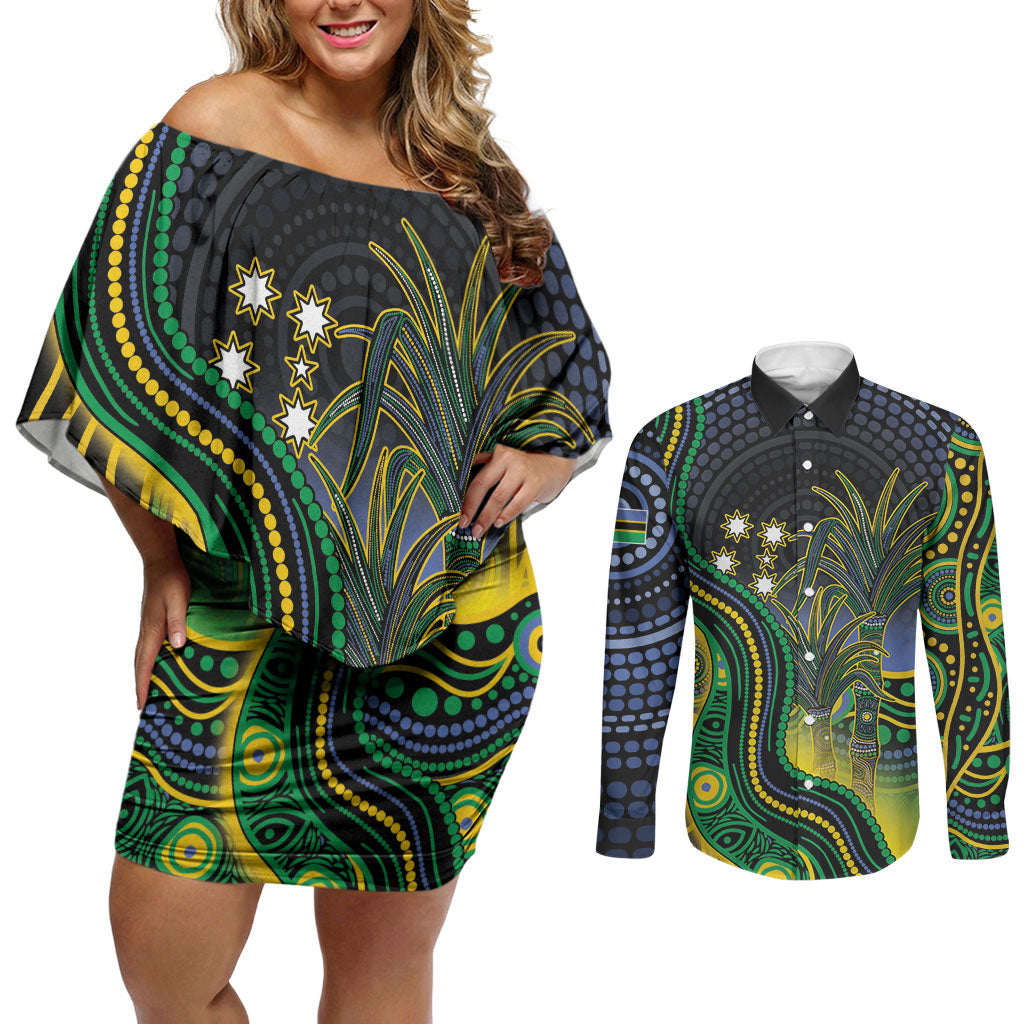 Australian South Sea Islanders National Recognition Day Couples Matching Off Shoulder Short Dress and Long Sleeve Button Shirt Southern Cross Aboriginal Dot Art Sugarcane