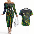 Australian South Sea Islanders National Recognition Day Couples Matching Off The Shoulder Long Sleeve Dress and Hawaiian Shirt Southern Cross Aboriginal Dot Art Sugarcane