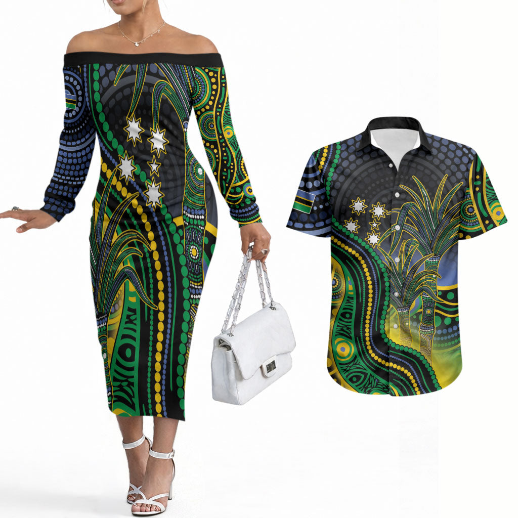 Australian South Sea Islanders National Recognition Day Couples Matching Off The Shoulder Long Sleeve Dress and Hawaiian Shirt Southern Cross Aboriginal Dot Art Sugarcane