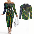 Australian South Sea Islanders National Recognition Day Couples Matching Off The Shoulder Long Sleeve Dress and Long Sleeve Button Shirt Southern Cross Aboriginal Dot Art Sugarcane