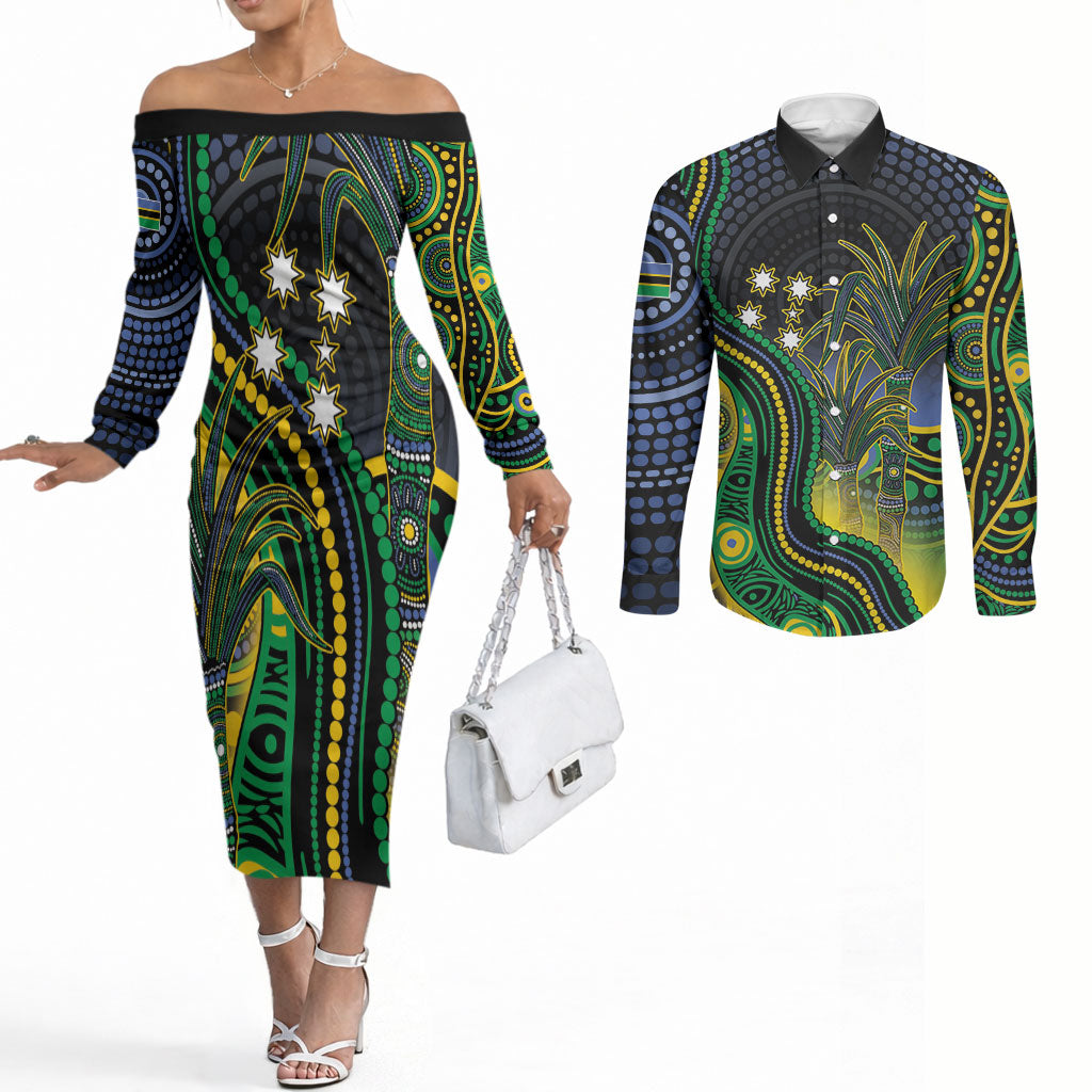 Australian South Sea Islanders National Recognition Day Couples Matching Off The Shoulder Long Sleeve Dress and Long Sleeve Button Shirt Southern Cross Aboriginal Dot Art Sugarcane