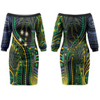 Australian South Sea Islanders National Recognition Day Couples Matching Off The Shoulder Long Sleeve Dress and Long Sleeve Button Shirt Southern Cross Aboriginal Dot Art Sugarcane